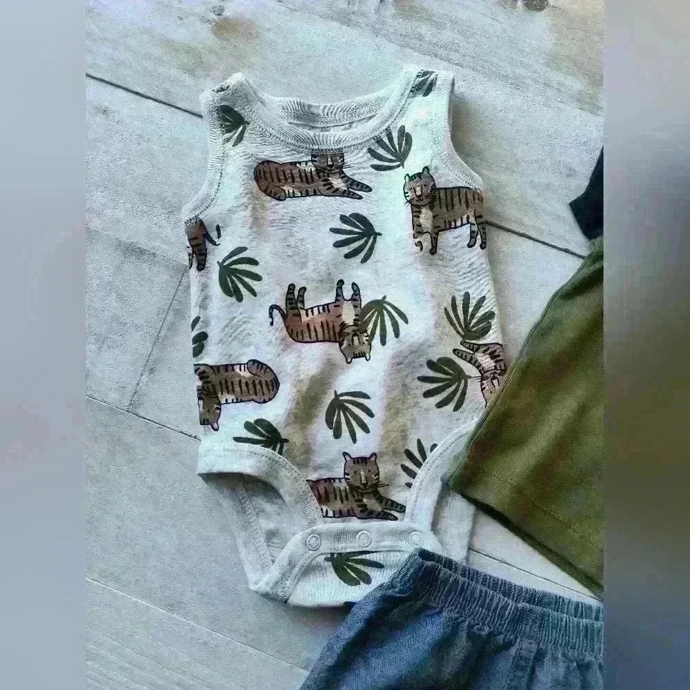 Carter's Boys 3pc Tiger Bodysuit, Green Shirt & Blue Shorts Set NEW 3 Months